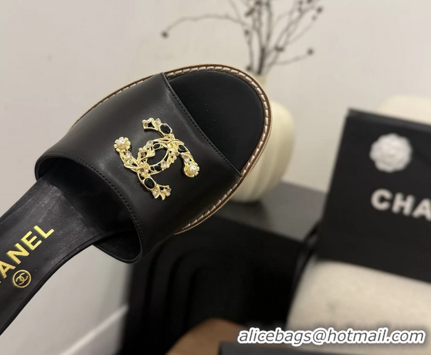 Top Quality Chanel CC Logo Black Lambskin Leather Wedge Sandals 75MM 6052406