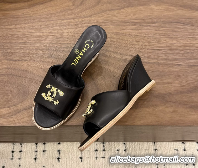 Top Quality Chanel CC Logo Black Lambskin Leather Wedge Sandals 75MM 6052406