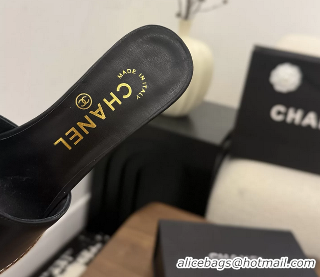 Top Quality Chanel CC Logo Black Lambskin Leather Wedge Sandals 75MM 6052406