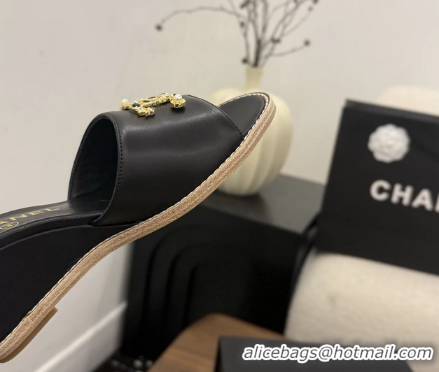 Top Quality Chanel CC Logo Black Lambskin Leather Wedge Sandals 75MM 6052406