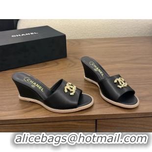 Shop Chanel CC Logo Black Lambskin Leather Wedge Sandals 75MM 6052406