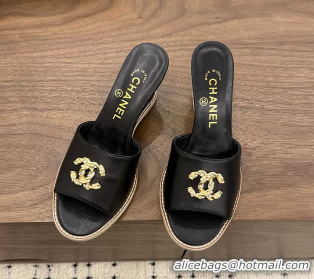 Shop Chanel CC Logo Black Lambskin Leather Wedge Sandals 75MM 6052406