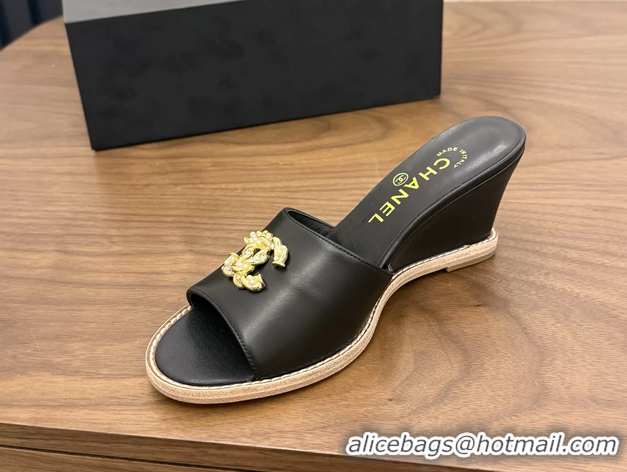 Shop Chanel CC Logo Black Lambskin Leather Wedge Sandals 75MM 6052406