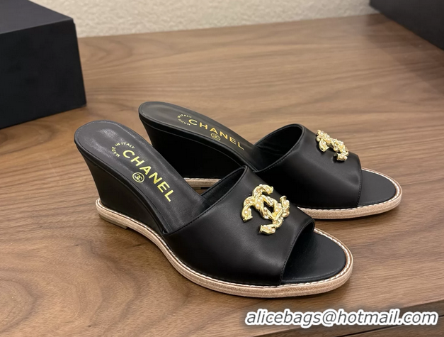 Shop Chanel CC Logo Black Lambskin Leather Wedge Sandals 75MM 6052406