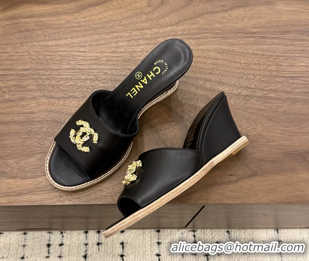 Shop Chanel CC Logo Black Lambskin Leather Wedge Sandals 75MM 6052406