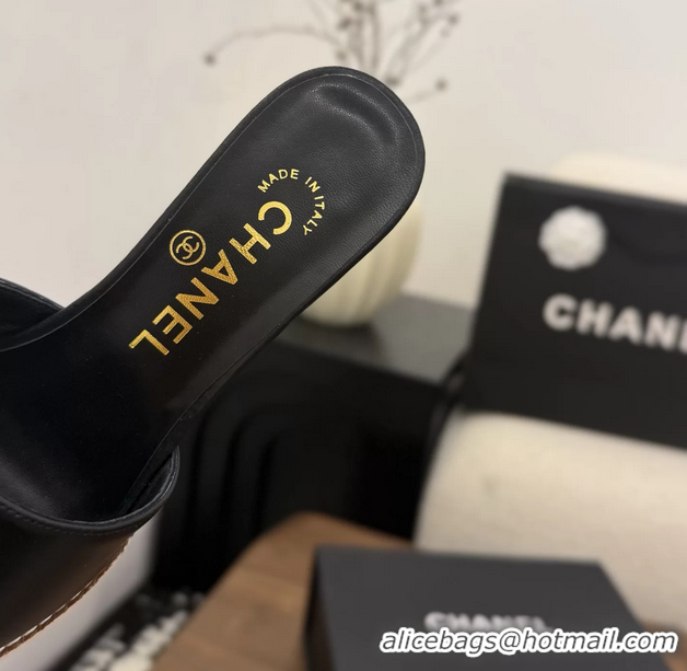Shop Chanel CC Logo Black Lambskin Leather Wedge Sandals 75MM 6052406