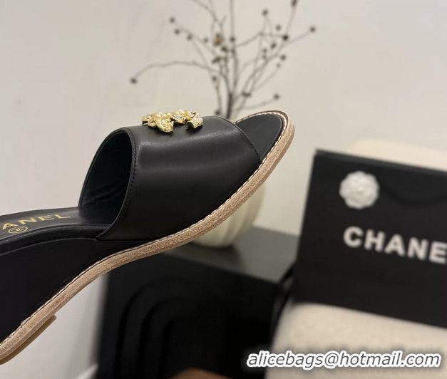 Shop Chanel CC Logo Black Lambskin Leather Wedge Sandals 75MM 6052406