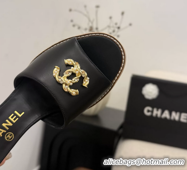 Shop Chanel CC Logo Black Lambskin Leather Wedge Sandals 75MM 6052406