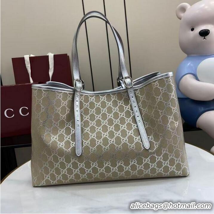 Inexpensive Gucci GG Leather Emblem Large Tote bag 815213 Beige/Silver 2026