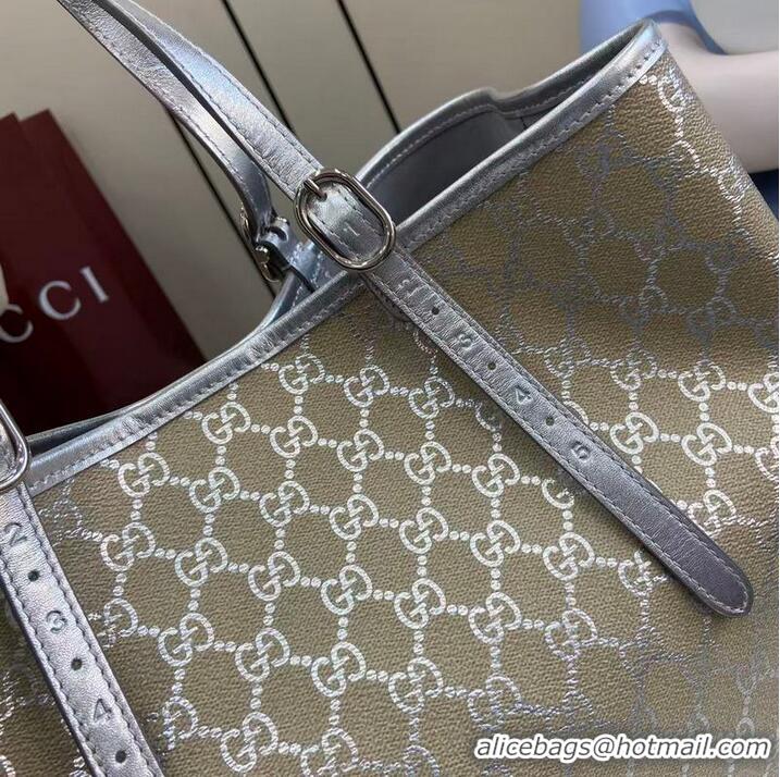 Inexpensive Gucci GG Leather Emblem Large Tote bag 815213 Beige/Silver 2026