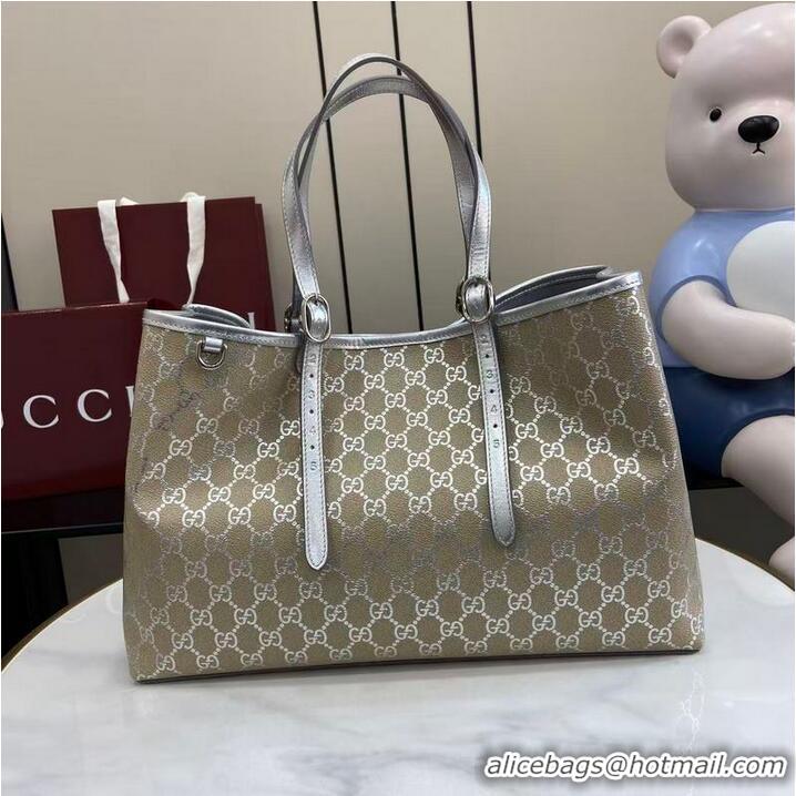 Inexpensive Gucci GG Leather Emblem Large Tote bag 815213 Beige/Silver 2026