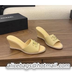 Classic Chanel CC Logo Beige Lambskin Leather Wedge Sandals 75MM 6052501
