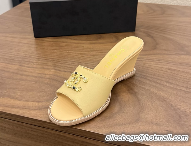 Classic Chanel CC Logo Beige Lambskin Leather Wedge Sandals 75MM 6052501