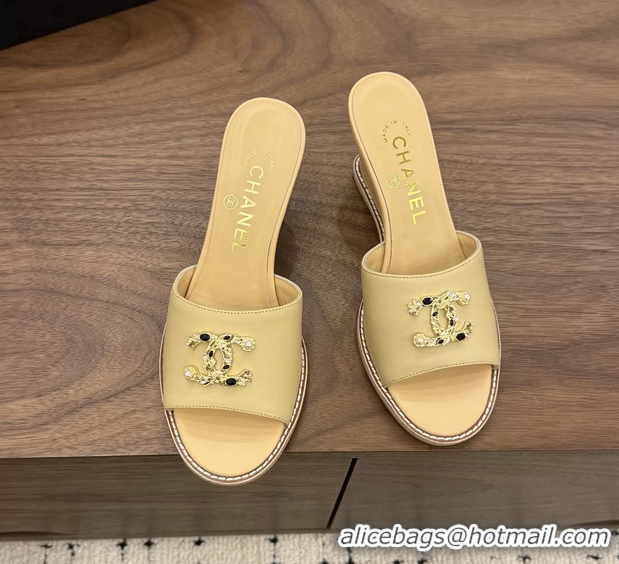 Classic Chanel CC Logo Beige Lambskin Leather Wedge Sandals 75MM 6052501