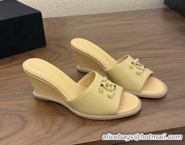 Classic Chanel CC Logo Beige Lambskin Leather Wedge Sandals 75MM 6052501