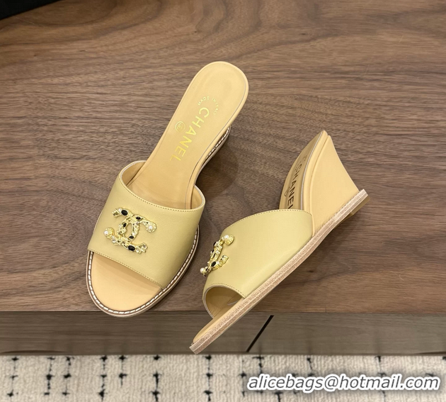 Classic Chanel CC Logo Beige Lambskin Leather Wedge Sandals 75MM 6052501