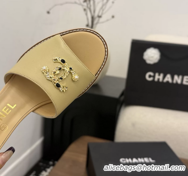 Classic Chanel CC Logo Beige Lambskin Leather Wedge Sandals 75MM 6052501