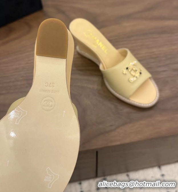 Classic Chanel CC Logo Beige Lambskin Leather Wedge Sandals 75MM 6052501