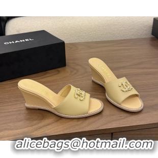 Modern Chanel CC Logo Beige Lambskin Leather Wedge Sandals 75MM 6052501