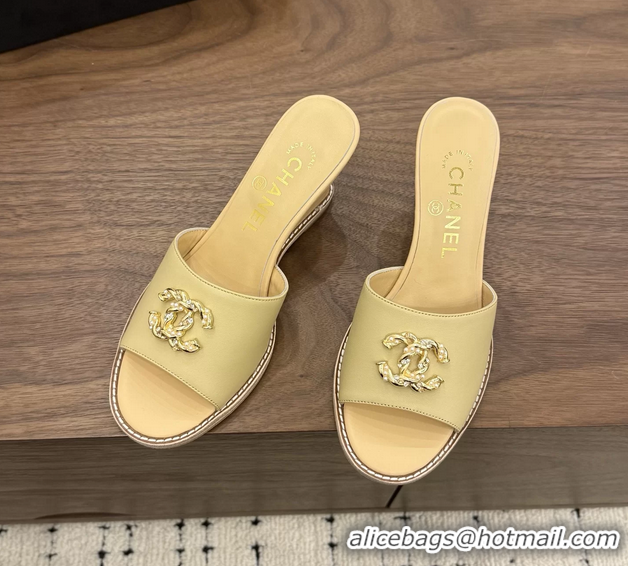Modern Chanel CC Logo Beige Lambskin Leather Wedge Sandals 75MM 6052501