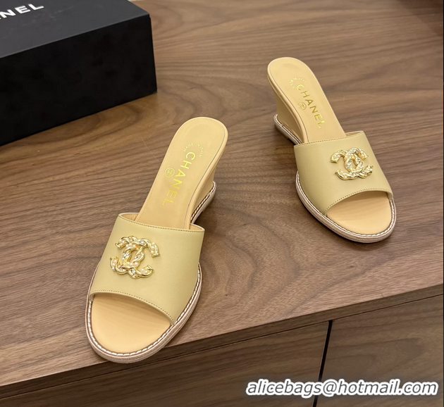 Modern Chanel CC Logo Beige Lambskin Leather Wedge Sandals 75MM 6052501