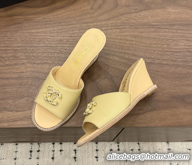 Modern Chanel CC Logo Beige Lambskin Leather Wedge Sandals 75MM 6052501