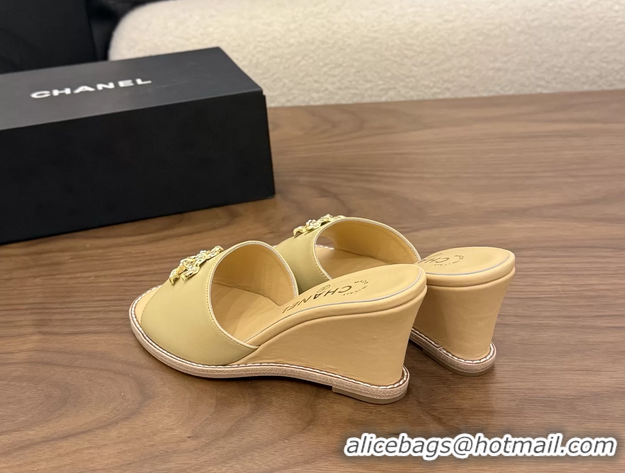 Modern Chanel CC Logo Beige Lambskin Leather Wedge Sandals 75MM 6052501