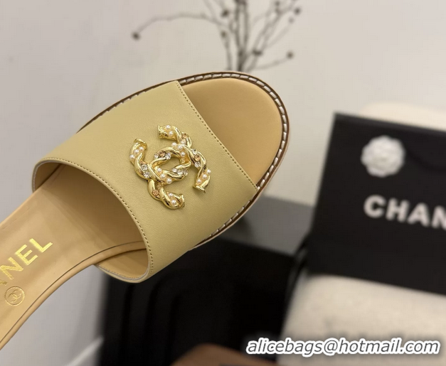 Modern Chanel CC Logo Beige Lambskin Leather Wedge Sandals 75MM 6052501