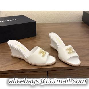 Fashion Chanel CC Logo White Calfskin Leather Wedge Sandals 75MM 6052501