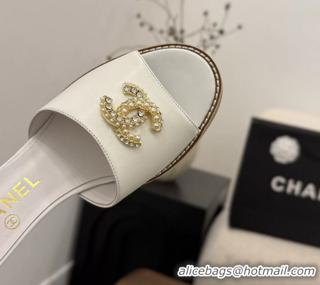 Fashion Chanel CC Logo White Calfskin Leather Wedge Sandals 75MM 6052501