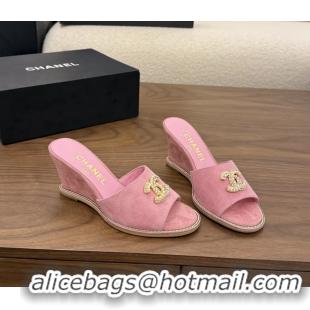 Buy New Cheap Chanel CC Logo Pink Suede Leather Wedge Sandals 75MM 6052501