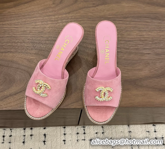 Buy New Cheap Chanel CC Logo Pink Suede Leather Wedge Sandals 75MM 6052501