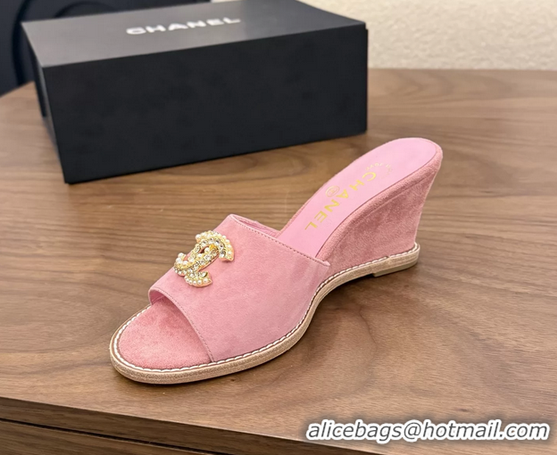 Buy New Cheap Chanel CC Logo Pink Suede Leather Wedge Sandals 75MM 6052501
