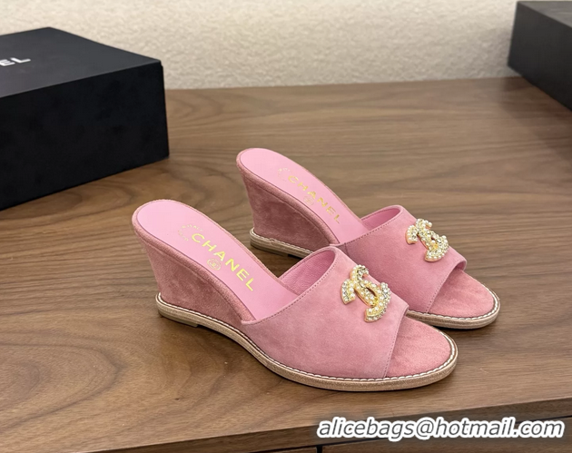 Buy New Cheap Chanel CC Logo Pink Suede Leather Wedge Sandals 75MM 6052501