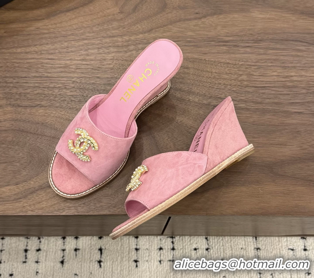 Buy New Cheap Chanel CC Logo Pink Suede Leather Wedge Sandals 75MM 6052501