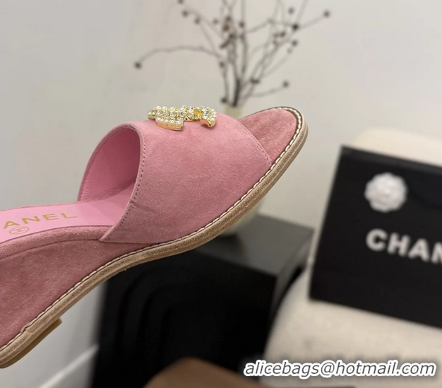 Buy New Cheap Chanel CC Logo Pink Suede Leather Wedge Sandals 75MM 6052501
