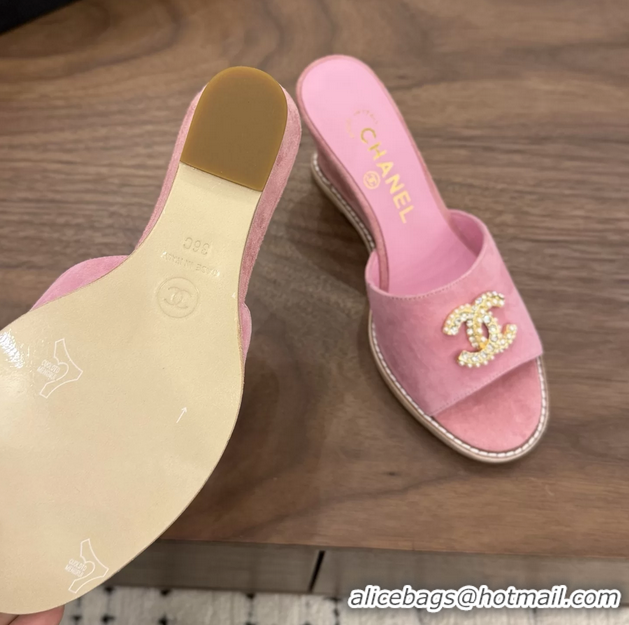 Buy New Cheap Chanel CC Logo Pink Suede Leather Wedge Sandals 75MM 6052501