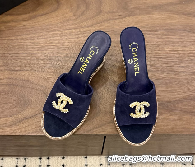 Crafted Chanel CC Logo Navy Blue Suede Leather Wedge Sandals 75MM 6052501