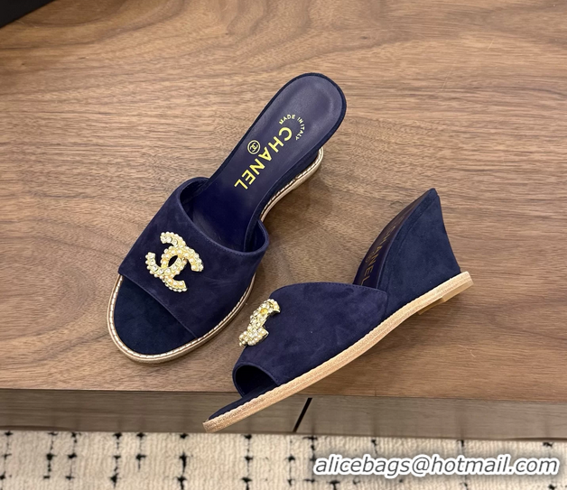 Crafted Chanel CC Logo Navy Blue Suede Leather Wedge Sandals 75MM 6052501