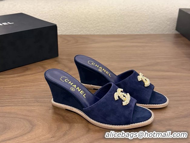 Crafted Chanel CC Logo Navy Blue Suede Leather Wedge Sandals 75MM 6052501