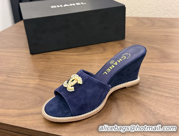 Crafted Chanel CC Logo Navy Blue Suede Leather Wedge Sandals 75MM 6052501