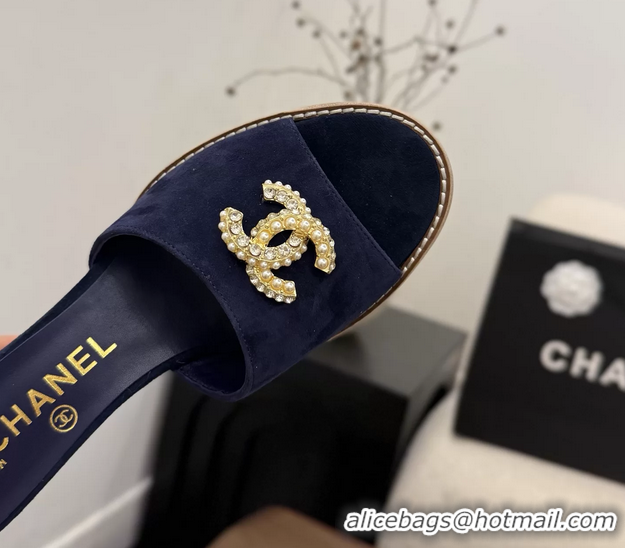 Crafted Chanel CC Logo Navy Blue Suede Leather Wedge Sandals 75MM 6052501