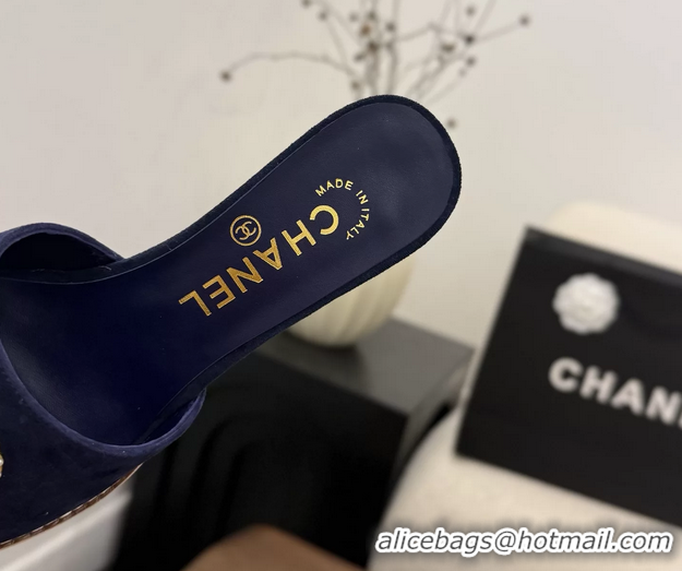 Crafted Chanel CC Logo Navy Blue Suede Leather Wedge Sandals 75MM 6052501