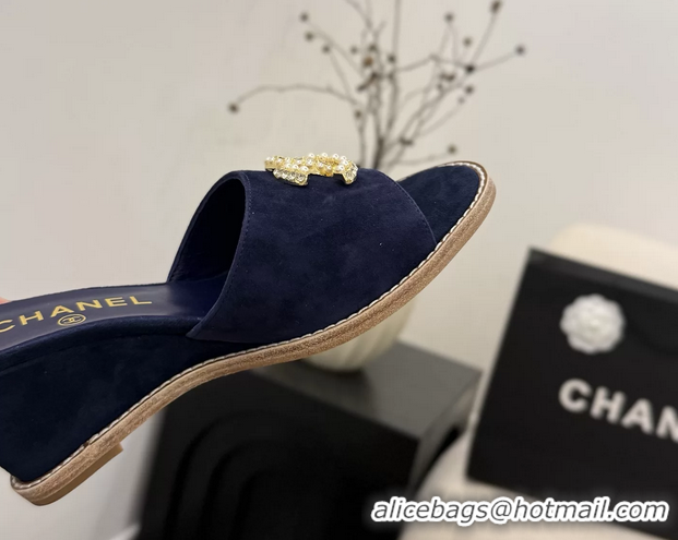 Crafted Chanel CC Logo Navy Blue Suede Leather Wedge Sandals 75MM 6052501