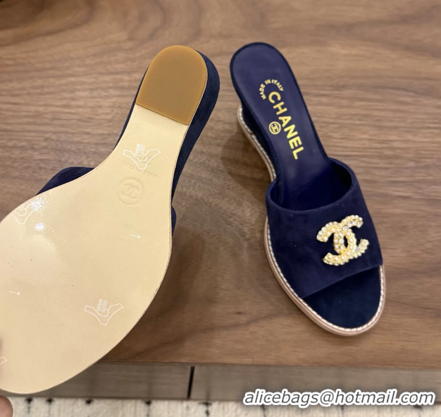 Crafted Chanel CC Logo Navy Blue Suede Leather Wedge Sandals 75MM 6052501