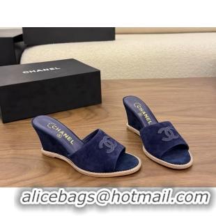 Expensive Chanel CC Logo Navy Blue Suede Leather Wedge Sandals 75MM 6052501