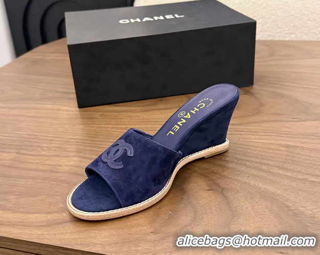 Expensive Chanel CC Logo Navy Blue Suede Leather Wedge Sandals 75MM 6052501