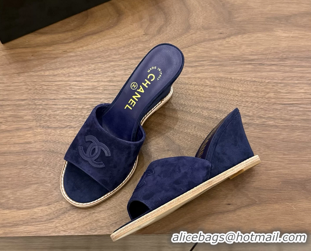Expensive Chanel CC Logo Navy Blue Suede Leather Wedge Sandals 75MM 6052501