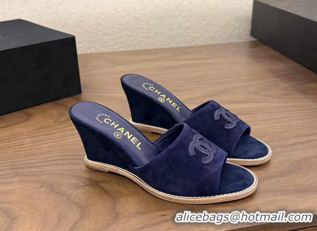 Expensive Chanel CC Logo Navy Blue Suede Leather Wedge Sandals 75MM 6052501