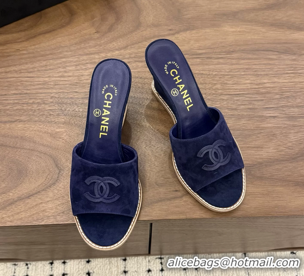 Expensive Chanel CC Logo Navy Blue Suede Leather Wedge Sandals 75MM 6052501